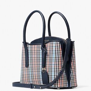 KATE SPADE MARGAUX MEDIUM SATCHEL HANDBAG IN BLUE RED BLACK PLAID + LEATHER TRIM